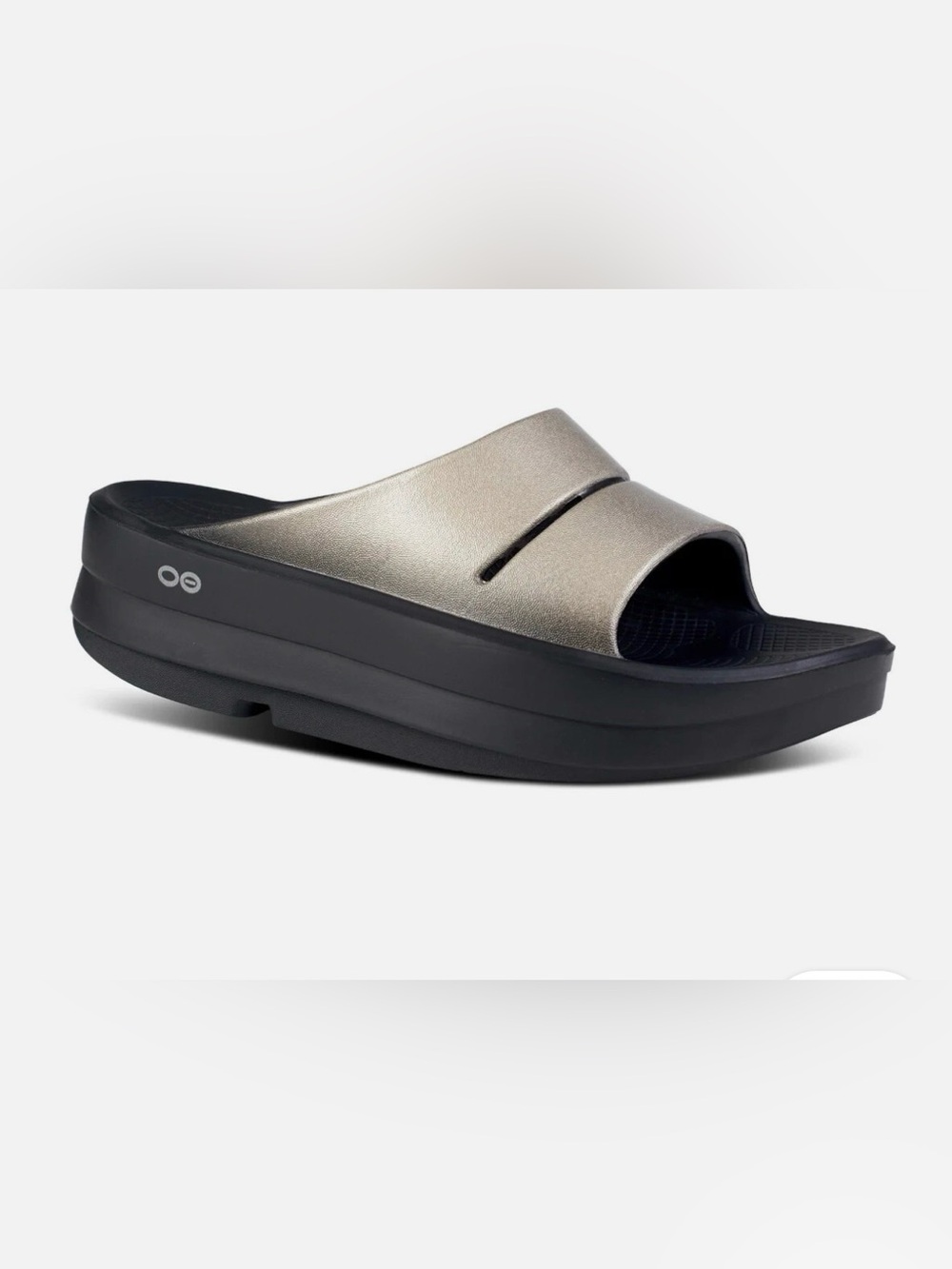 Oofos OOmega OOahh Platform Slide Sandals in Gold & Black